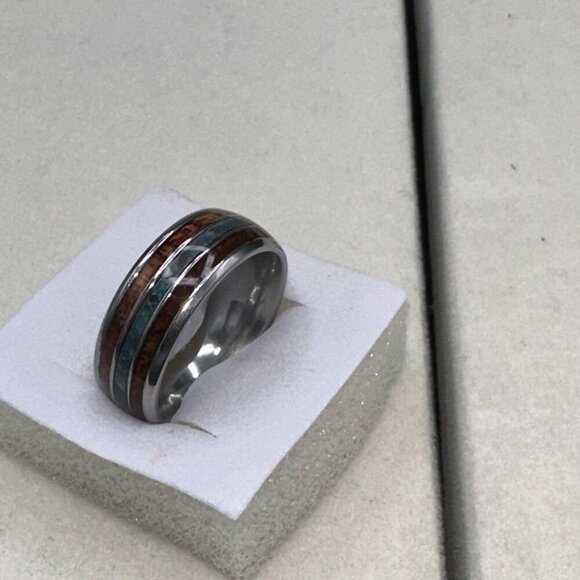 Mens Tungsten Carbide Ring With Wood & Opal Inlay Durable & Stylish Design - Picture 4 of 14